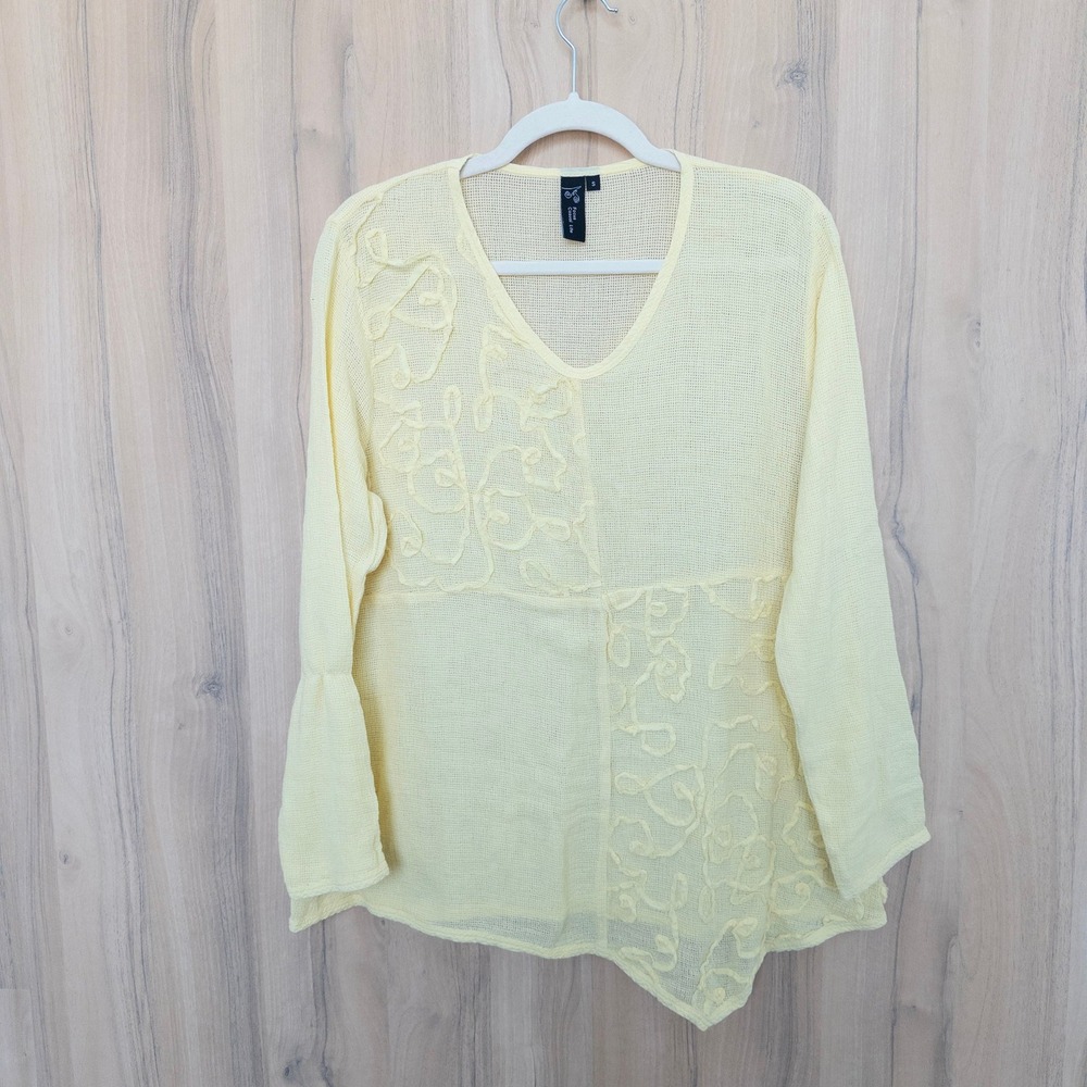 Focus Casual Life Womens Embroidered Top S Butter Yellow Asymmetrical Boho Artsy